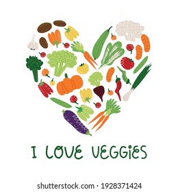 I love veggies hand lettering and various vegetables and greens in heart shape. Vegan, vegetarian banner, card design. Vector cartoon illustration on isolated background.