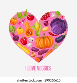 I love veggies. Heart of vegetables design poster. Vector illustration.