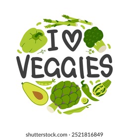 I Love Veggies lettering. Cute hand drawn green vegetables with soft calligraphy. Healthy food concept for t-shirt print, sticker or poster. Plant-based diet sticker.
