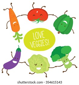 'Love Veggies' Various Vegetables in Cartoon Style