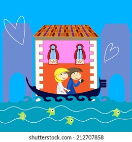Love in Venice illustration with a couple of tourists sitting in a gondola. Tourists make photos of the city. Hearts above all pictures. Fish swimming below following the boat.Cartoon. Vector art.