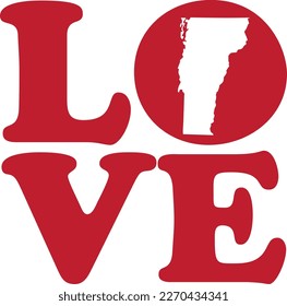 LOVE Vermont State Red Outline Vector Graphic Illustration Isolated