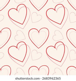 Love Vibe. Hearts pattern contour, red and pink color hearts on light background.