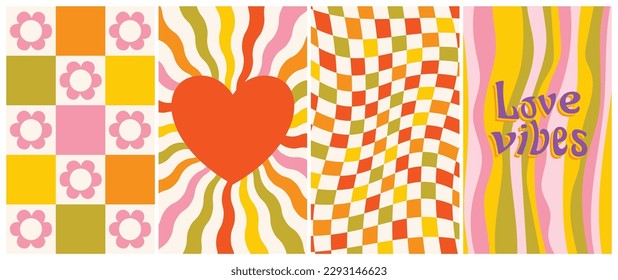 Love vibes retro hippie backgrounds collection. Abstract wallpapers with positive quote and designs. Vector clip art in groovy and preppy style. 