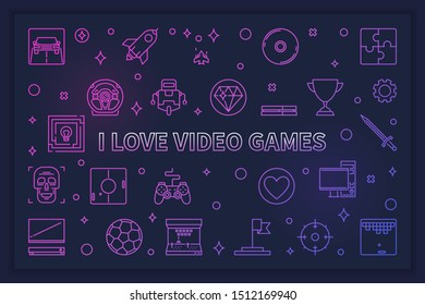 I Love Video Games vector modern horizontal illustration or banner on dark background