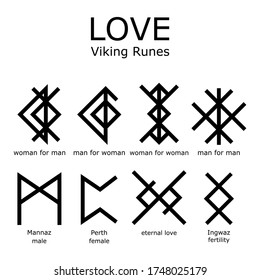 Love Viking Runes vector set, bind runes and runnic sript - relationship, couple, male and female symbols design. 
Ancient writing system, old Scandinavian rune letter symbols in black isolate
