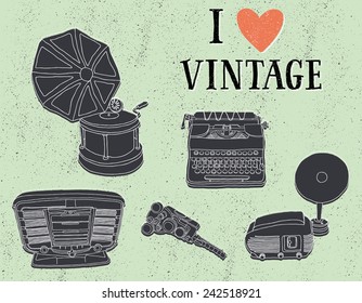 I love vintage. Retro musical and photo equipment on grungy background.