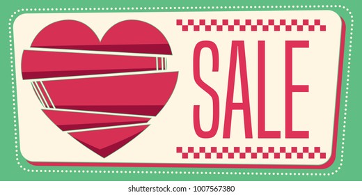 Love vintage sale banner. Composition in 50's style. Vector illustration.