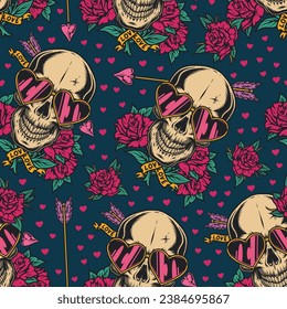 Love vintage seamless pattern colorful head skeleton in romantic glasses surrounded by roses for gift for Valentine Day vector illustration