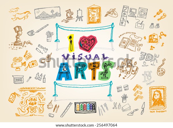I Love Visual Arts\
Doodle HandSketch Illustration concept. Centerpiece surrounded with\
art traditional art materials and new media tools. Line art vector\
and jpg.