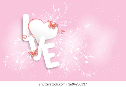 The love vocabulary consists of flowers and butterflies that look like a paper cut, set in a pink background. And with an arrow in the heart, valentine's day,wedding
