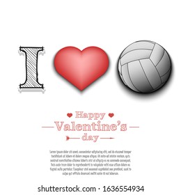 I love volleyball. Happy Valentines Day. Pattern with volleyball ball and heart on an isolated background. Design template for greeting card, banner, poster, flyer, t-shirt. Vector illustration