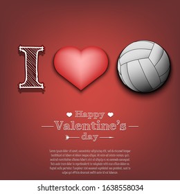 I love volleyball. Happy Valentines Day. Pattern with volleyball ball and heart on an isolated background. Design template for greeting card, banner, poster, flyer, t-shirt. Vector illustration