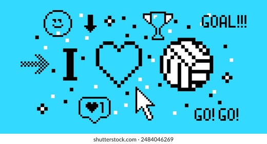 Love volleyball pixel art 8 bit design. Sport banner concept. Composition with ball, heart, text Goal. Pixels Y2k trendy playful sticker. Mood of 90's aesthetics. Simple geometric form