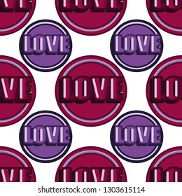 Love volume lettering and circles vector seamless pattern crimson and purple colors