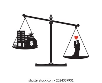 imagen de concepto de amor contra dinero. pareja amorosa y dinero en la ilustración del vector escala sobre fondo blanco