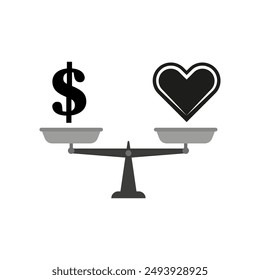 Love vs Money Scale. Balance Heart Dollar. Financial Choice Symbol. Vector Illustration.