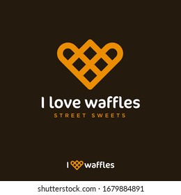 I love waffles logo. Waffle like heart. Love sweets emblem. Yummy emblem. Bakery and cafe logo.