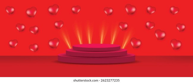 Love wallpaper with podium and heart shaped balloon's, can be used in Valentine business poster or invitation flyer, vector art illustration