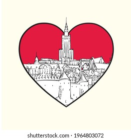 I love Warsaw. Red heart and famous buildings, Poland Composition. Hand-drawn black and white vector illustration. Grouped and movable objects.
