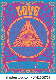 Love is watching you. Psychedelic Art Poster, Cover Stylization Vintage Colors and Shapes from the 1960s, 1970s