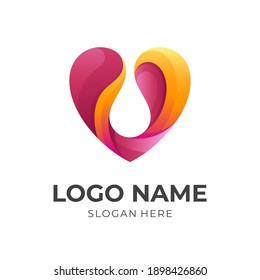 logo de love water, love and love, logo combinado con un estilo de color rojo y naranja 3d