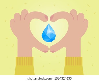 Love water, save water concept. Blue water drop in heart symbol from human hands. Vector illustration