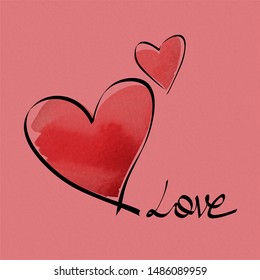 Love and watercolor hearts.Valentine's day vector illustration.Two hearts with black outline on coral background. Freehand love lettering.  Paper texture background.