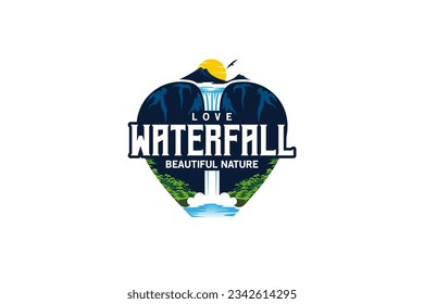 Diseño del logo de la cascada de amor, ilustración vectorial de una cascada de acantilado alto con la sensación de una vista de montaña