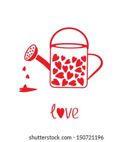 Love watering can with hearts inside. Vector illustration. Card