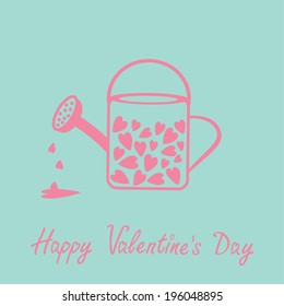 Love watering can with hearts inside. Pink and blue. Happy Valentines Day card. Vector illustration