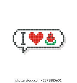 I Love Watermelon speech bubble pixel art, isolated on white background. Vector illustration of computer game graphics, cute decorations, stickers, dialogue balloons. Geometric style, mosaic, 8 bit.