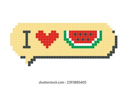 I Love Watermelon speech bubble pixel art, isolated on white background. Vector illustration of computer game graphics, cute decorations, stickers, dialogue balloons. Geometric style, mosaic, 8 bit.