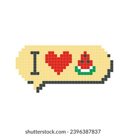 I Love Watermelon speech bubble pixel art, isolated on white background. Vector illustration of computer game graphics, cute decorations, stickers, dialogue balloons. Geometric style, mosaic, 8 bit.