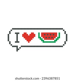 Me encanta el arte de los píxeles de la burbuja del discurso de la sandía, aislado en el fondo blanco. Ilustración vectorial de gráficos de juegos de computadora, adorables decoraciones, pegatinas, globos de diálogo. Estilo geométrico, mosaico, 8 bits.