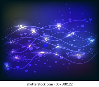 Love wave blue beautiful abstract background. Vector illustration with shiny lines and hearts  for greetings
