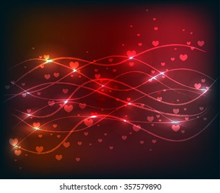 Love wave red beautiful abstract background. Vector illustration with shiny lines and hearts 