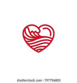 Love With Wave Sea, Ocean, Water Icon. Simple Heart Illustration Line Style Logo Template Design. 