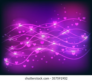 Love wave violet beautiful abstract background. vector illustration of love symbols. line and hearts. shiny elements