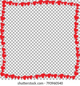 Love wavy frame made of cartoon red different sized hearts isolated on transparent background with copy space in centre. Cute Valentines vector frame, border, template with space for text or image.