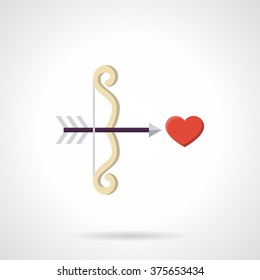 Love weapon. Cupids bow with arrow aiming to red heart. Valentines Day theme. Flat color style single vector icon. Web design element for site, mobile and business.