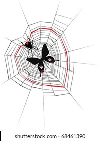 Love web. The vector illustration of a butterfly trapped in Love Web of a spider...