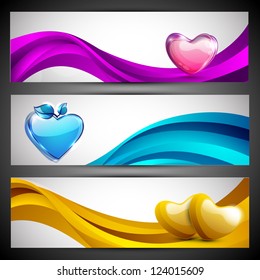 Love website header or banner set with pink, yellow and sky blue hearts on wave. EPS 10.