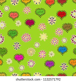 Love wedding background design. Nice green, beige and black colors elements. Vector illustration. Seamless Valentine heart love seamless pattern with heart.