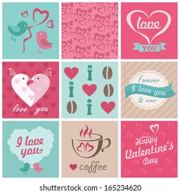 love, wedding, coffee vector set with ornaments, hearts, ribbons, birds