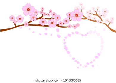 Love and wedding concepts. Full bloom cherry blossoms and blowing petals in heart shape; isolated on white background. Sakura flowers on brown branches with left copy-space. Vector illustration, EPS10