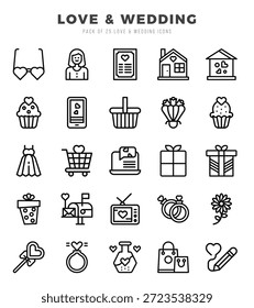 Amor y Elementos de Boda. Conjunto de iconos de Web lineal. Simple Ilustración vectorial.