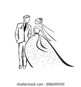 Love, wedding of a man and a woman. Newlyweds. Lush wedding dress, jacket, suit, dresscode, veil, hairstyle, hair, tie, contour, silhouette, drawing, black and white, burn out, print.