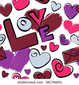Love Wedding on White Background. Thin Line Valentine Day seamless pattern. Vector Website Design and seamless Background in Trendy Modern Line Style in purple, pink and red Colors.