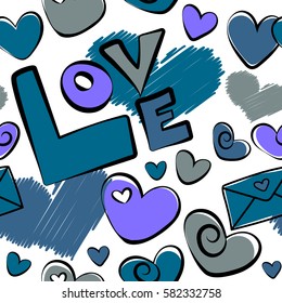 Love Wedding on White Background. Thin Line Valentine Day seamless pattern. Vector Website Design and seamless Background in Trendy Modern Line Style in blue and violet Colors.